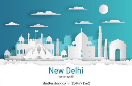 Paper cut style New Delhi city, white color paper, vector stock illustration. Cityscape with all famous buildings. Skyline New Delhi city composition for design