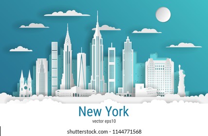 Paper cut style New York city, white color paper, vector stock illustration. Cityscape with all famous buildings. Skyline New York city composition for design