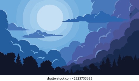 Paper cut style night landscape illustration featuring a bright full white moon glowing in a blue sky over silhouettes of trees and layered stylistic clouds in shades of purple.
