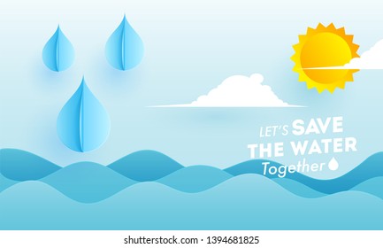 Paper cut style ocean view background with summer rainy for Save The Water concept.