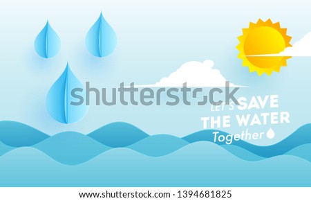 Paper cut style ocean view background with summer rainy for Save The Water concept.