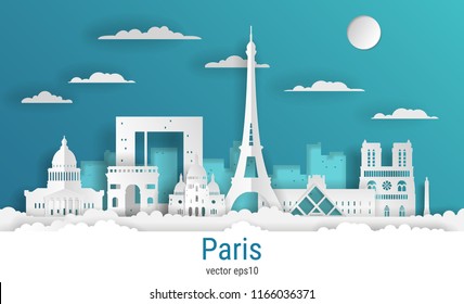 Paper cut style Paris city, white color paper, vector stock illustration. Cityscape with all famous buildings. Skyline Paris city composition for design