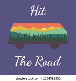 Paper cut style postcard with van, mountains and trees. Travel concept 
