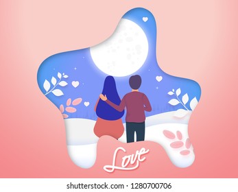 Paper cut style poster or banner design with illustration of romantic couple on full moon night background. Love greeting card design.