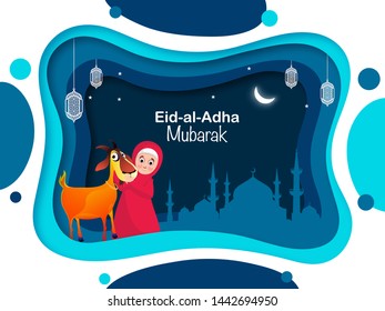 Paper cut style poster or banner design with cartoon character of girl hugging goat in front of Mosque for Eid-al-Adha Mubarak festival.