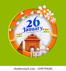 Diseño de afiches al estilo de corte de papel con monumentos famosos de India y manos humanas sosteniendo la ondulada bandera india el 26 de enero, feliz Día de la República.
