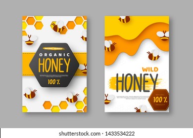 Paper cut style posters with bee and honeycomb. Typographic design for beekeeping and honey product. Vector illustration.