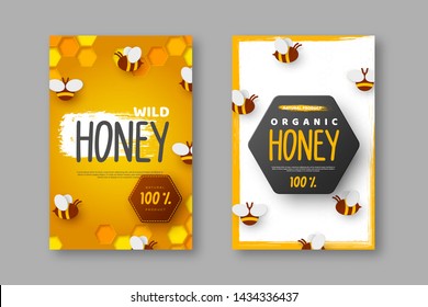 Paper cut style posters with bee and honeycomb. Typographic design for beekeeping and honey product. Vector illustration.