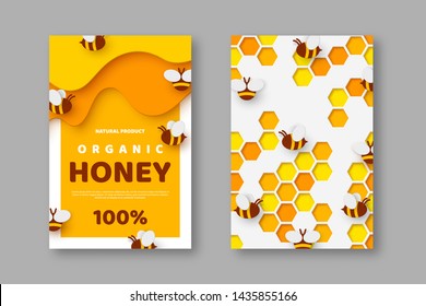 Paper cut style posters with bee and honeycomb. Typographic design for beekeeping and honey product. Vector illustration.