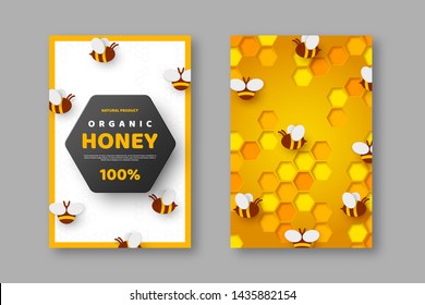 Paper cut style posters with bee and honeycomb. Typographic design for beekeeping and honey product. Vector illustration.