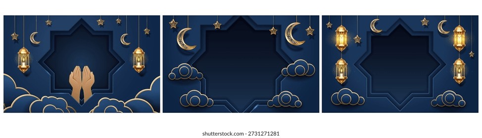 Cartazes estilo de corte de papel definido. Elementos tradicionais islâmicos vetoriais. Lua crescente e nuvens, lanternas brilhantes e mãos levantadas para dua dentro de quadro decorativo. Motivos luminosos dourados para cartões de felicitações