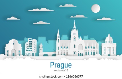 Paper cut style Prague city, white color paper, vector stock illustration. Cityscape with all famous buildings. Skyline Prague city composition for design