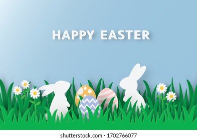 Paper Cut Style With Rabbit And Easter Egg In The Grass. For Easter Day, Invitation, Greeting Card, Posters And Wallpaper. Vector Illustration.