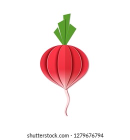 Paper cut style red radish. Vector paper cut design in the form of ripe whole root for design of food packaging, Vector illustration. Paper applique art style root vegetable. Origami concept.
