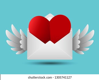 Paper cut style red valentines paper heart in white envelope with wings, Love message concept, Vector illustration
