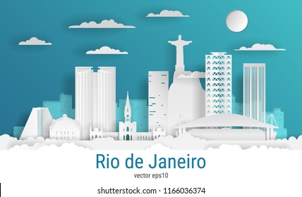 Paper cut style Rio de Janeiro city, white color paper, vector stock illustration. Cityscape with all famous buildings. Skyline Rio de Janeiro city composition for design