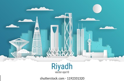 Paper cut style Riyadh city, white color paper, vector stock illustration. Cityscape with all famous buildings. Skyline Riyadh city composition for design