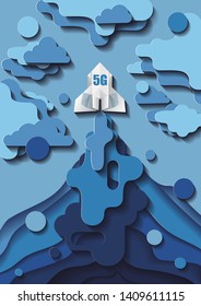 Paper cut style rocket is flying in the sky through clouds. Vector illustration. 5G technology concept