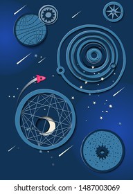 Paper cut style of rocket flying in space, start up concept, Spaceship