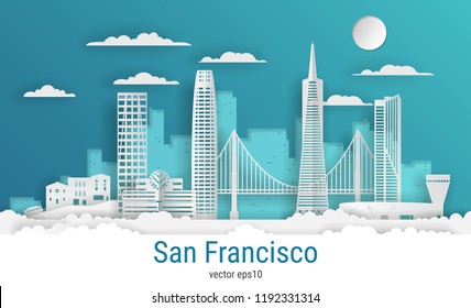 Paper cut style San Francisco city, white color paper, vector stock illustration. Cityscape with all famous buildings. Skyline San Francisco city composition for design