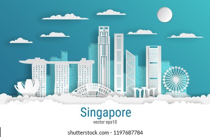 Paper cut style Singapore city, white color paper, vector stock illustration. Cityscape with all famous buildings. Skyline Singapore city composition for design