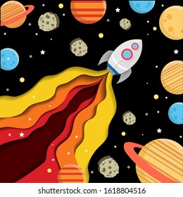Paper cut style. Spaceship flying to the galaxy on black background