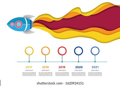 Paper cut style. Spaceship with Timeline infographic. Vector illustration