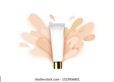 Paper cut style splashes of color foundation, tonal base, conceptual illustration, template for product advertising poster. Vector illustration.