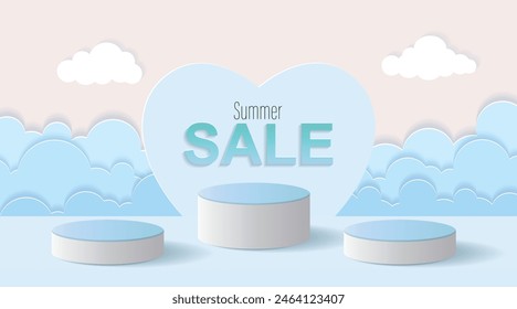 Estilo de corte de papel Estilo de artesanía digital de verano de podio de cilindro de madera con nubes Ilustración vectorial