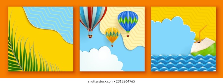 Paper cut style summer fun template set. Ocean wave reaching seashore, hot air balloon in the air, and coconut drink floating in ocean.