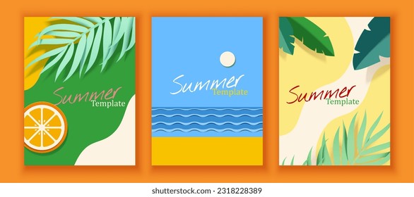 Paper cut style summer poster template set isolated on orange background. Top view of botanical leaves with wavy pattern and layer beachside
