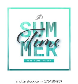 Paper Cut Style Summer Time Font with Brush Stroke Effect on White Background.