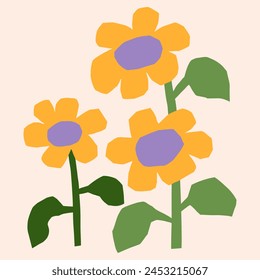 Ilustración de girasoles de estilo de corte de papel. Gráfico de Vector de flores de verano simples