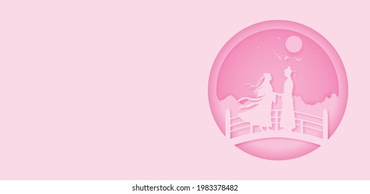 Paper Cut style, Tanabata or Star festival background, The Meeting of the Star-Lovers.  Silhouette of Japanese couple holding hands, Vector