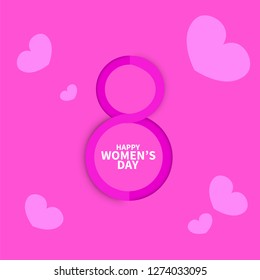 Paper cut style text 8 with hearts illustration on pink background, happy women's day greeting card design.