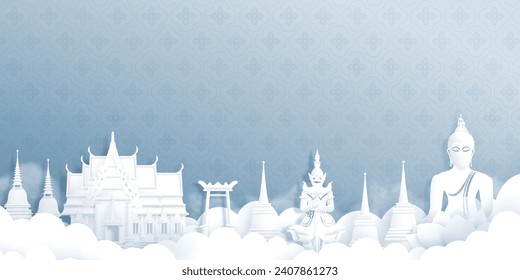 Paper Cut Style Of Thailand Landmark, Temple and Buddha Statue. Vector Illustration