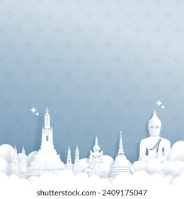 Paper Cut Style Of Thailand Landmark wit Buddha Statue and Wat Arun, Vector Illustration