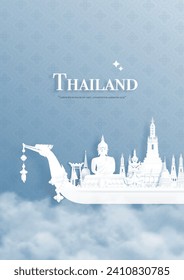 Paper Cut Style Of Thailand Landmark with Buddha Statue,Wat Arun Temple. Vector Illustration