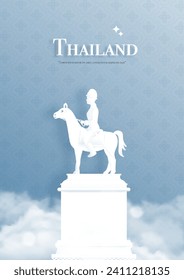 Paper Cut Style Of Thailand Landmark with the equestrian statue of King Chulalongkorn in Bangkok. Vector Illustration