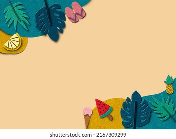 A paper cut style top view summer concept theme background with tropical plants and decor as a frame. EPS10 vector illustration.