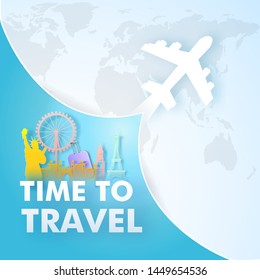 Paper cut style Travel Trip poster or template design with foreign country map and famous monument like as atlantis hotel, statue of liberty, ferris wheel, big ben and eiffel tower on blue background.