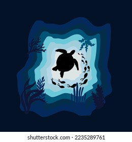 Paper cut style underwater deep, corals and fish,seaweed,turtle 