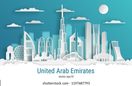 Paper cut style United Arab Emirates, white color paper, vector stock illustration. Cityscape with all famous buildings. Skyline UAE composition for design