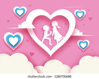 Paper cut style valentine's day background with cute couple and heart illustration. Love greeting card design.