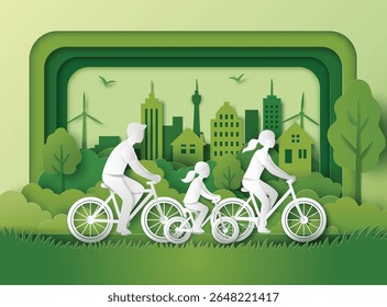 Paper cut style vector of a family riding bicycles through a green eco-friendly city. Clean energy, sustainable lifestyle, and family togetherness.