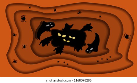 Paper Cut Style Vector Halloween Background with Dark Pit with Ghosts and Spidershouse, Modern paper cut style flyer or invitation template for halloween party.