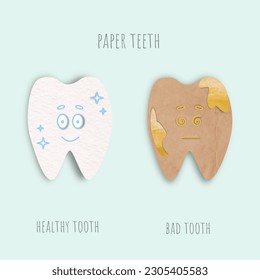 Paper cut style vector illustration. Healthy and sick paper teeth