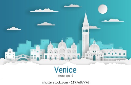 Paper cut style Venice Italy, white color paper, vector stock illustration. Cityscape with all famous buildings. Skyline Venice city composition for design