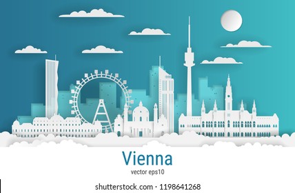 Paper cut style Vienna city, white color paper, vector stock illustration. Cityscape with all famous buildings. Skyline Vienna city composition for design