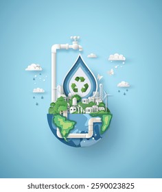 Paper cut style of water drop with globe, promoting environmental awareness and sustainability for World Water Day.